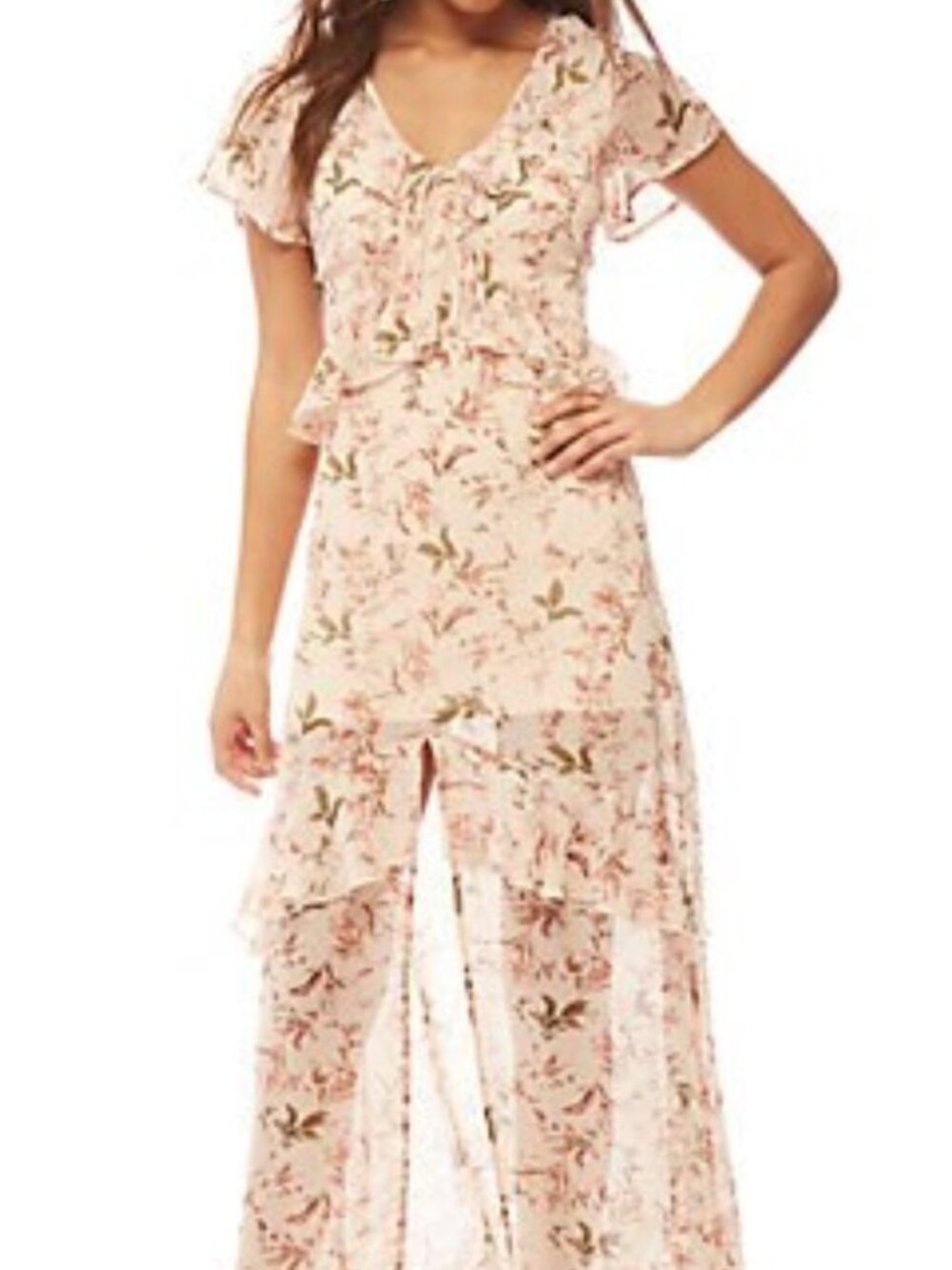 Parc & Lex Cream Floral Print V-Neck Maxi Dress